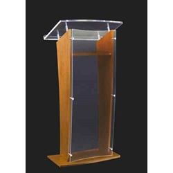 Amplivox SN350006 "H" Style Full Floor Clear Acrylic Lectern with Medium Oak Finished Wood Panels 