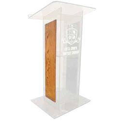 Amplivox SN354016 Modern "H" Design Frosted Acrylic Full Floor Lectern with Medium Oak Finished Wood Panels 