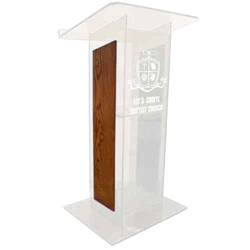 Amplivox SN354017 Modern "H" Design Frosted Acrylic Full Floor Lectern with Walnut Finished Wood Panels 