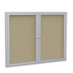 Ghent 6" x 48" 2-Door Satin Aluminum Frame Enclosed Fabric Tackboard - Beige