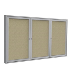 Ghent 72" x 36" 3-Door Satin Aluminum Frame Enclosed Fabric Tackboard - Beige